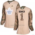 Camiseta Hockey Mujer Toronto Maple Leafs 1 Johnny Bower Camo Autentico 2017 Veterans Day Stitched