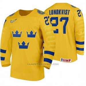 Camiseta Hockey Suecia Nils Lundkvist Home 2020 IIHF World Junior Championship Amarillo