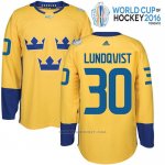 Camiseta Hockey Suecia Henrik Lundqvist 30 Premier 2016 World Cup Amarillo