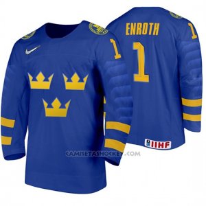 Camiseta Hockey Suecia Jhonas Enroth Away 2020 IIHF World Junior Championships Azul