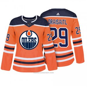 Camiseta Hockey Mujer Edmonton Oilers 29 Leon Draisaitl Naranja Autentico Jugador