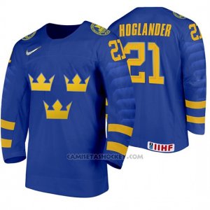 Camiseta Hockey Suecia Nils Hoglander Away 2020 IIHF World Junior Championship Azul