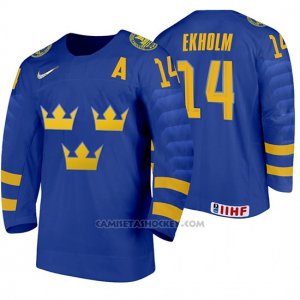 Camiseta Hockey Suecia Mattias Ekholm Away 2020 IIHF World Junior Championships Azul