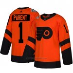 Camiseta Hockey Philadelphia Flyers 1 Bernie Parent Autentico 2019 Stadium Series Naranja