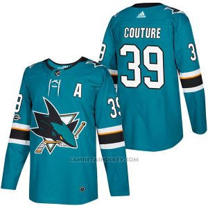 Camiseta Hockey Hombre Autentico San Jose Sharks 39 Logan Couture Teal Home 2018 Blanco