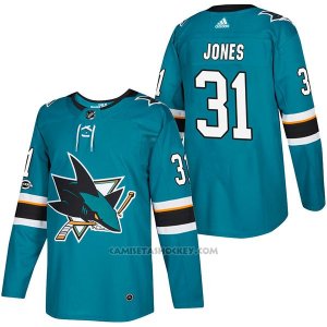 Camiseta Hockey Hombre Autentico San Jose Sharks 31 Martin Jones Teal Home 2018 Blanco