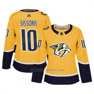 Camiseta Mujer Nashville Predators 10 Colton Sissons Gold Adizero Jugador Home