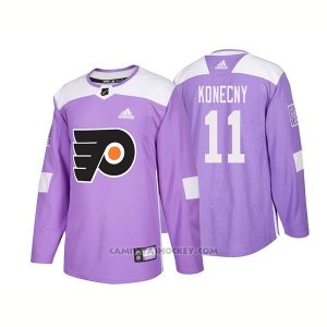 Camiseta Hockey Hombre Autentico Philadelphia Flyers 11 Travis Konecny Hockey Fights Cancer 2018 Violeta