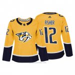 Camiseta Hockey Mujer Nashville Predator 12 Mike Fisher Amarillo Autentico Jugador