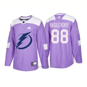 Camiseta Hockey Hombre Autentico Tampa Bay Lightning 88 Andrei Vasilevskiy Hockey Fights Cancer 2018 Violeta