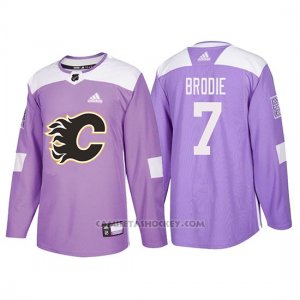 Camiseta Calgary Flames Tj Brodie Hockey Fights Cancer Violeta