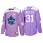 Camiseta Toronto Maple Leafs Frederik Andersen Hockey Fights Cancer Violeta