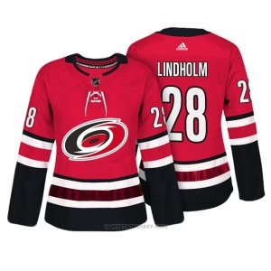 Camiseta Hockey Mujer Carolina Hurricanes 28 Elias Lindholm Rojo Autentico Jugador