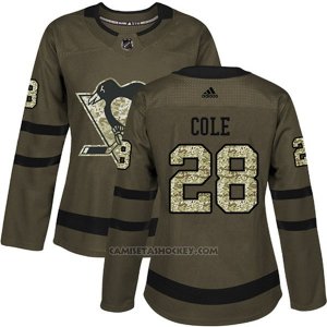 Camiseta Hockey Mujer Penguins 28 Ian Cole Salute To Service 2018 Verde