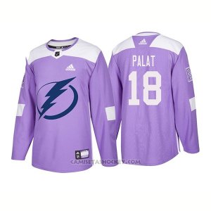 Camiseta Hockey Hombre Autentico Tampa Bay Lightning 18 Ondrej Palat Hockey Fights Cancer 2018 Violeta