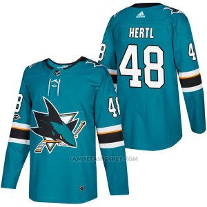 Camiseta Hockey Hombre Autentico San Jose Sharks 48 Tomas Hertl Teal Home 2018 Blanco