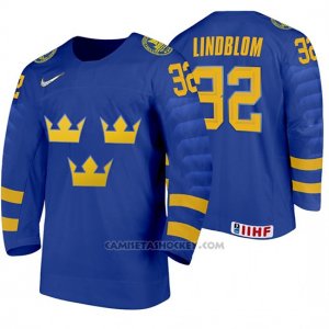 Camiseta Hockey Suecia Oskar Lindblom Away 2020 IIHF World Junior Championships Azul