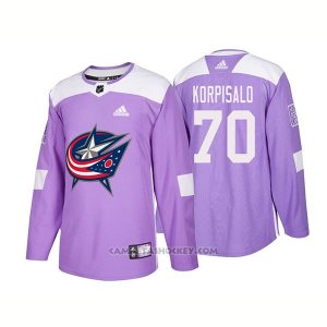 Camiseta Hockey Hombre Autentico Columbus Blue Jackets 70 Joonas Korpisalo Hockey Fights Cancer 2018 Violeta