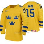 Camiseta Hockey Suecia Oskar Back Home 2020 IIHF World Junior Championship Amarillo