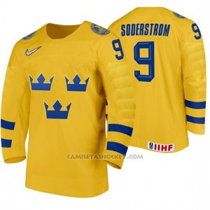 Camiseta Hockey Suecia Victor Soderstrom Home 2020 IIHF World Junior Championship Amarillo