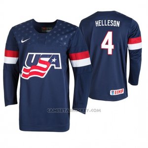 Camiseta Hockey USA Drew Helleson 2019 IIHF World U18 Championship Azul