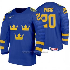 Camiseta Hockey Suecia Nikola Pasic Away 2020 IIHF World Junior Championship Azul