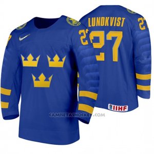 Camiseta Hockey Suecia Nils Lundkvist Away 2020 IIHF World Junior Championship Azul