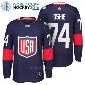 Camiseta Hockey USA Tj Oshie 74 Premier 2016 World Cup Azul