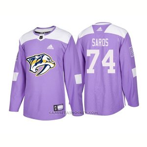 Camiseta Hockey Hombre Autentico Nashville Predators 74 Juuse Saros Hockey Fights Cancer 2018 Violeta