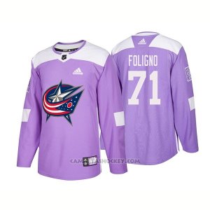 Camiseta Hockey Hombre Autentico Columbus Blue Jackets 71 Nick Foligno Hockey Fights Cancer 2018 Violeta