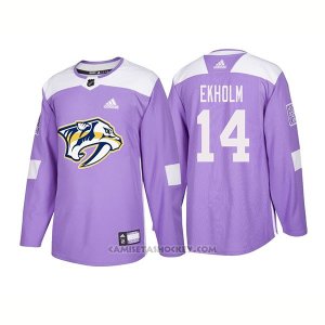 Camiseta Hockey Hombre Autentico Nashville Predators 14 Mattias Ekholm Hockey Fights Cancer 2018 Violeta