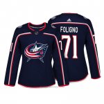 Camiseta Hockey Mujer Columbus Blue Jackets 71 Nick Foligno Azul Autentico Jugador