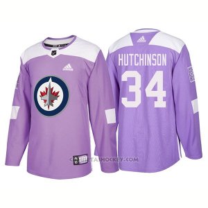 Camiseta Hockey Hombre Autentico Winnipeg Jets 34 Michael Hutchinson Hockey Fights Cancer 2018 Violeta