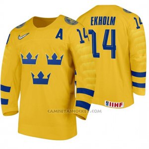 Camiseta Hockey Suecia Mattias Ekholm Home 2020 IIHF World Amarillo
