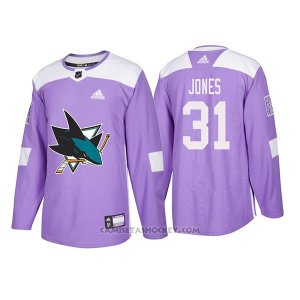 Camiseta Hockey Hombre Autentico San Jose Sharks 31 Martin Jones Hockey Fights Cancer 2018 Violeta