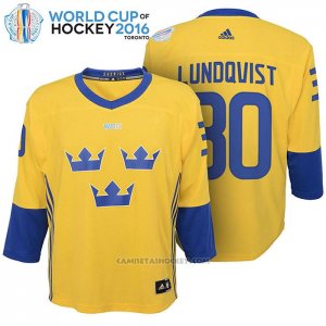 Camiseta Hockey Nino Suecia 30 Henrik Lundqvist Premier 2016 World Cup Amarillo