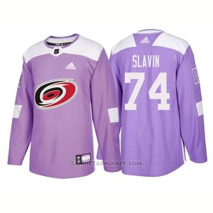 Camiseta Hockey Hombre Autentico Carolina Hurricanes 74 Jaccob Slavin Hockey Fights Cancer 2018 Violeta