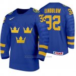 Camiseta Hockey Suecia Oskar Lindblom Away 2020 IIHF World Junior Championships Azul