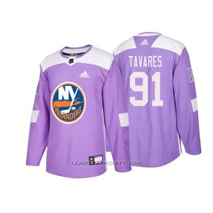 Camiseta Hockey Hombre Autentico New York Islanders 91 John Tavares Hockey Fights Cancer 2018 Violeta
