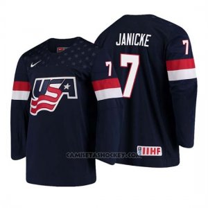 Camiseta USA Team Trevor Janicke 2018 Iihf World Championship Jugador Azul