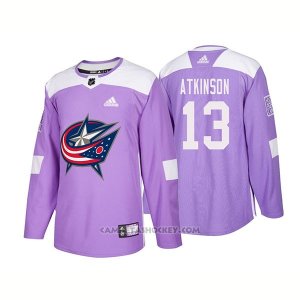 Camiseta Hockey Hombre Autentico Columbus Blue Jackets 13 Cam Atkinson Hockey Fights Cancer 2018 Violeta